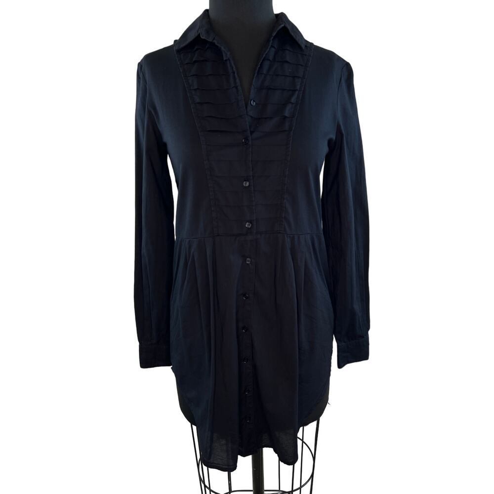 Clu Black Long Sleeve Pleated Placket Button Tunic Spread Collar Shirt Dress XS